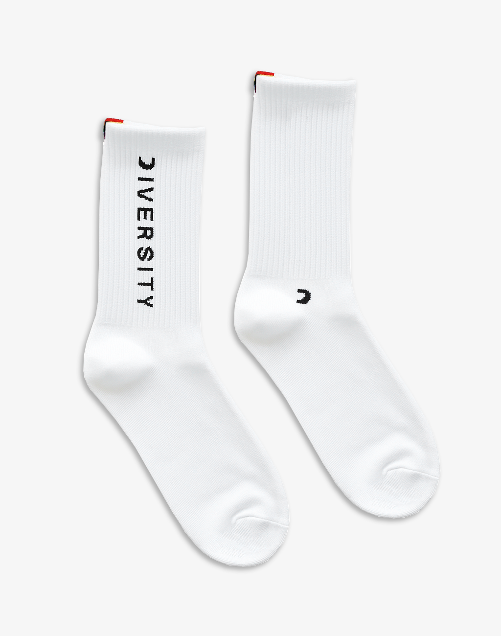 Pair of white Diversity socks laid flat, DIVERSITY logo and rainbow tag