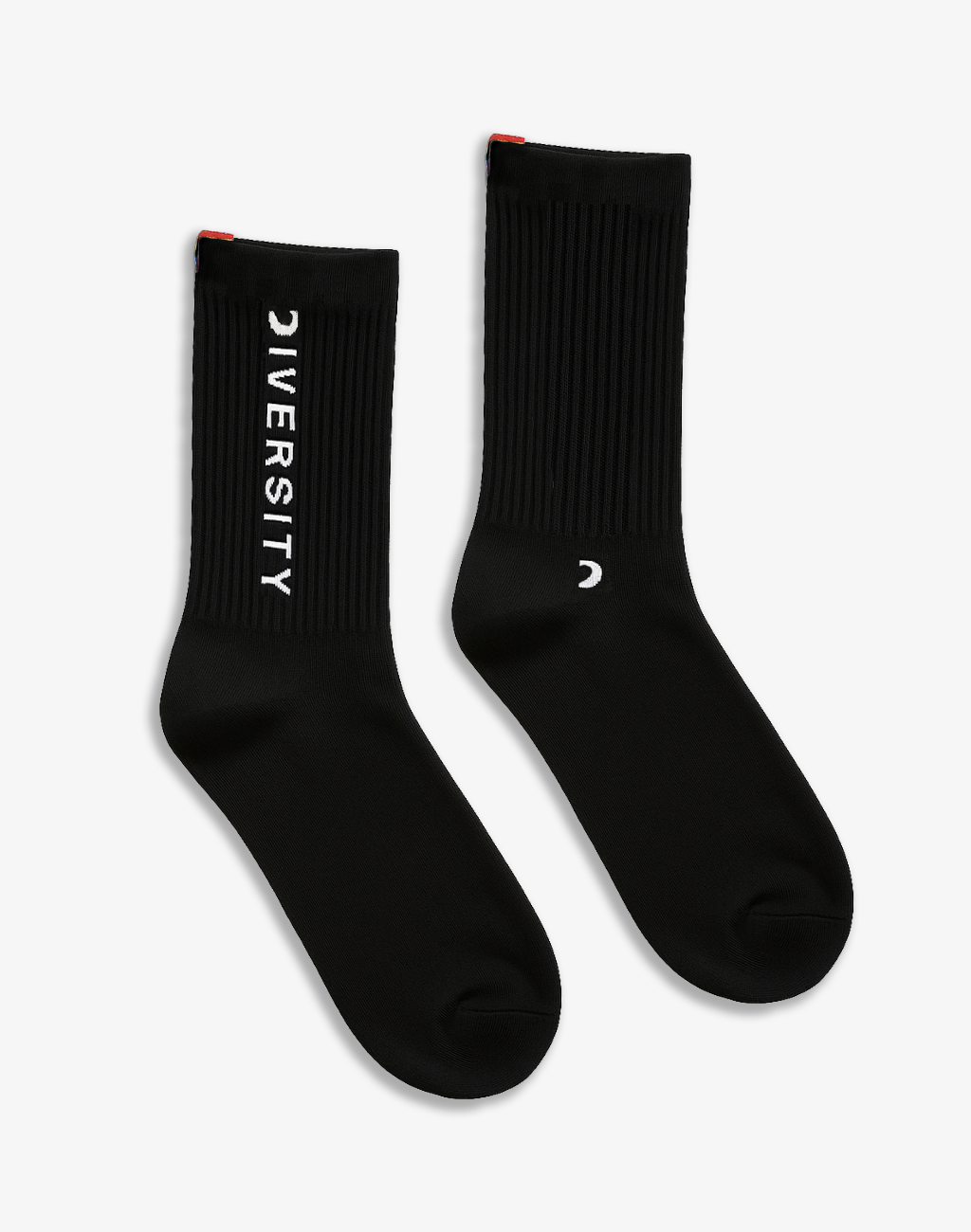 Pair of black Diversity socks laid flat, DIVERSITY logo and rainbow tag