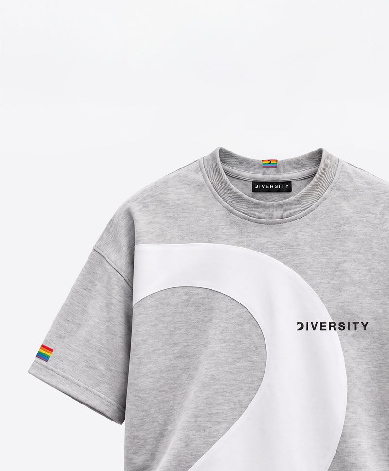 Grey Heavyweight T-shirt with a curved white panel, DIVERSITY logo and rainbow flag embroidered on the sleeve