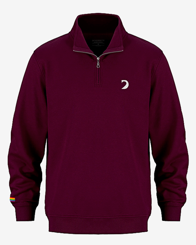 Burgundy Diversity quarter-zip sweatshirt, white embroidered logo on the chest and rainbow flag at the cuff