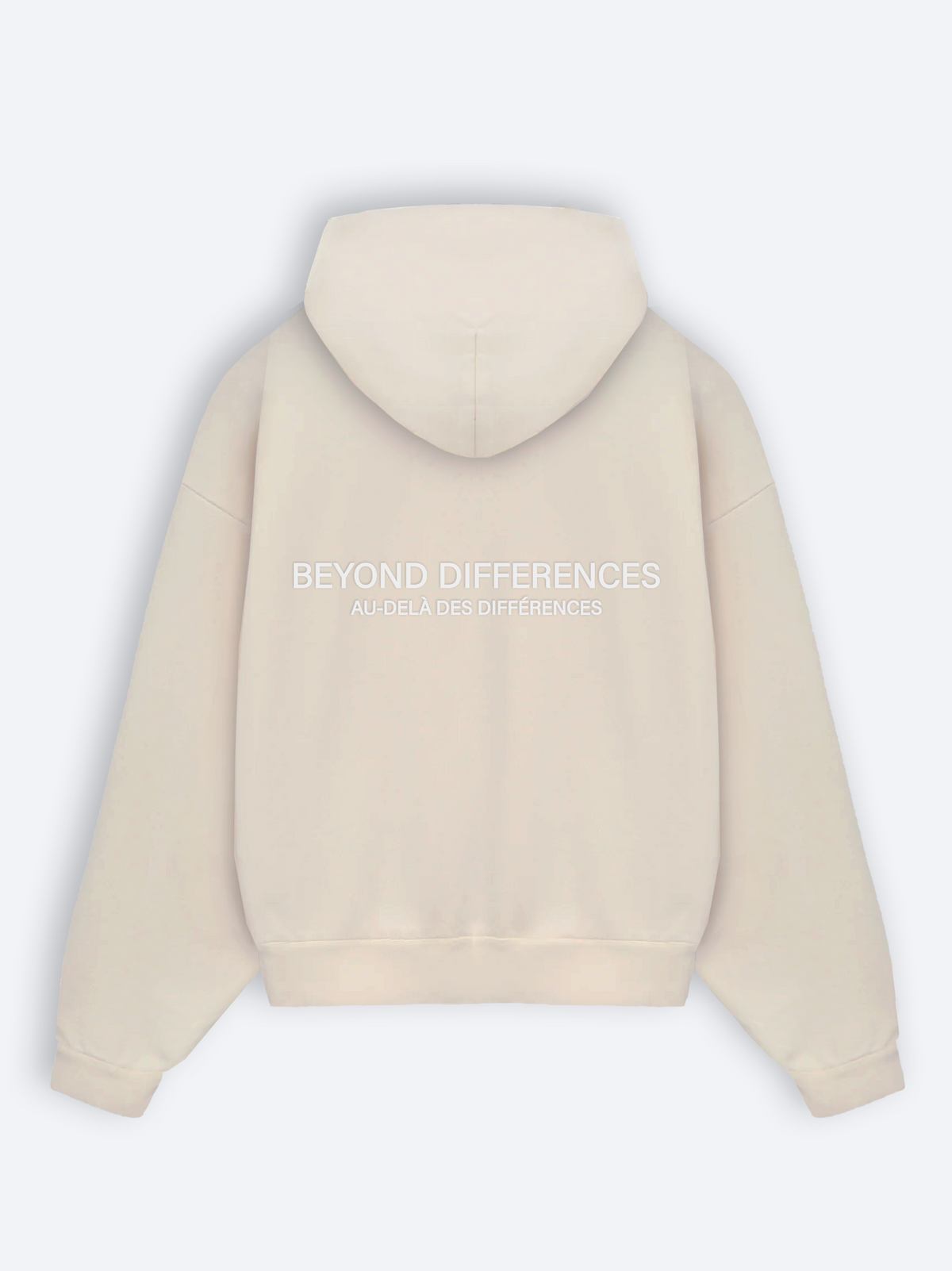 Dos du Heavyweight Hoodie Beige Allié, broderie ton sur ton BEYOND DIFFERENCES