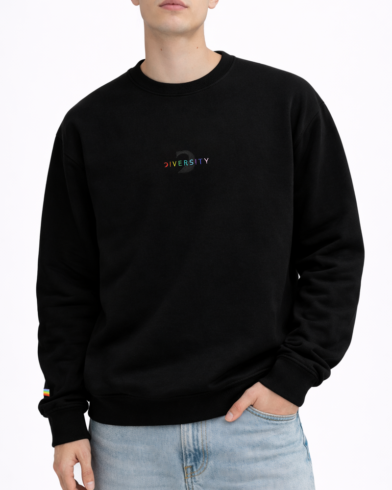 Black / Multicolour Midweight Crewneck, worn, rainbow DIVERSITY logo embroidered on the chest
