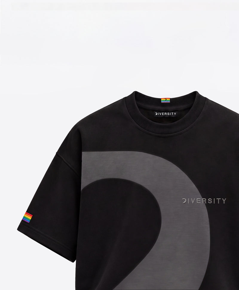 Black Heavyweight T-shirt with a curved grey panel, DIVERSITY logo and rainbow flag embroidered on the sleeve