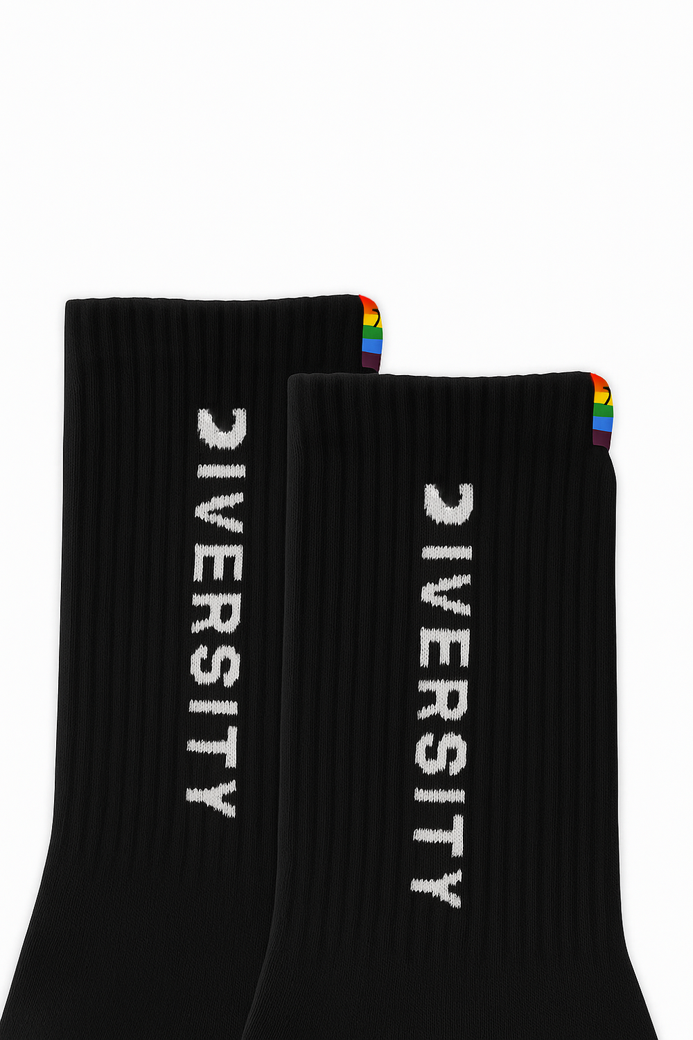 Close-up of the DIVERSITY logo and rainbow tag on the black socks