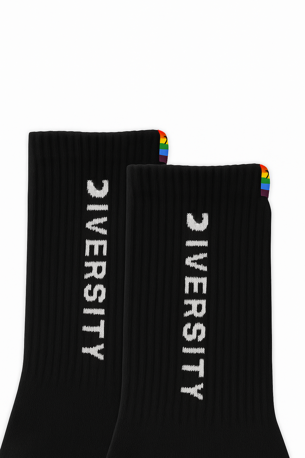 Close-up of the DIVERSITY logo and rainbow tag on the black socks