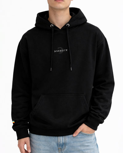 Black / White Midweight Hoodie, worn, white DIVERSITY logo embroidered on the chest
