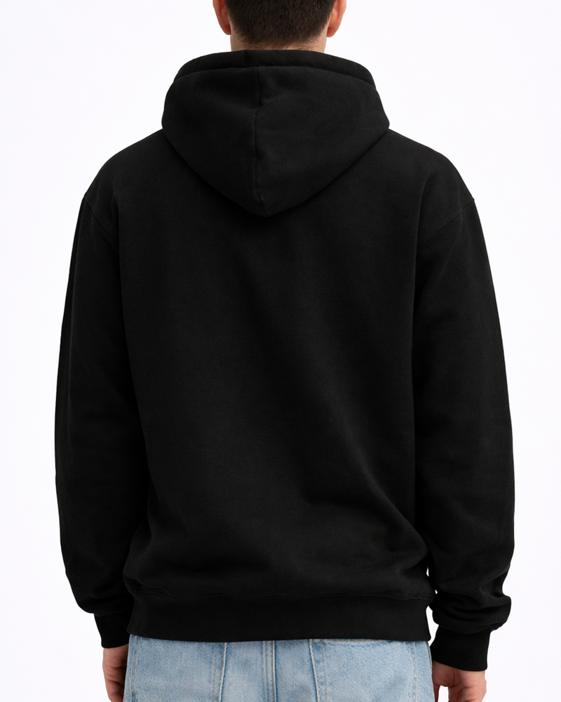 Back of the black midweight hoodie, worn