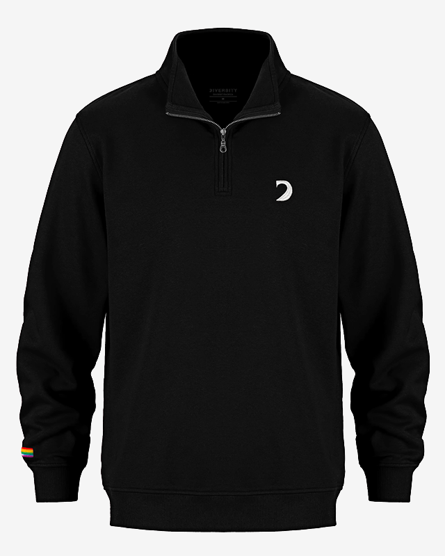 Black Diversity quarter-zip sweatshirt, white embroidered logo on the chest and rainbow flag at the cuff
