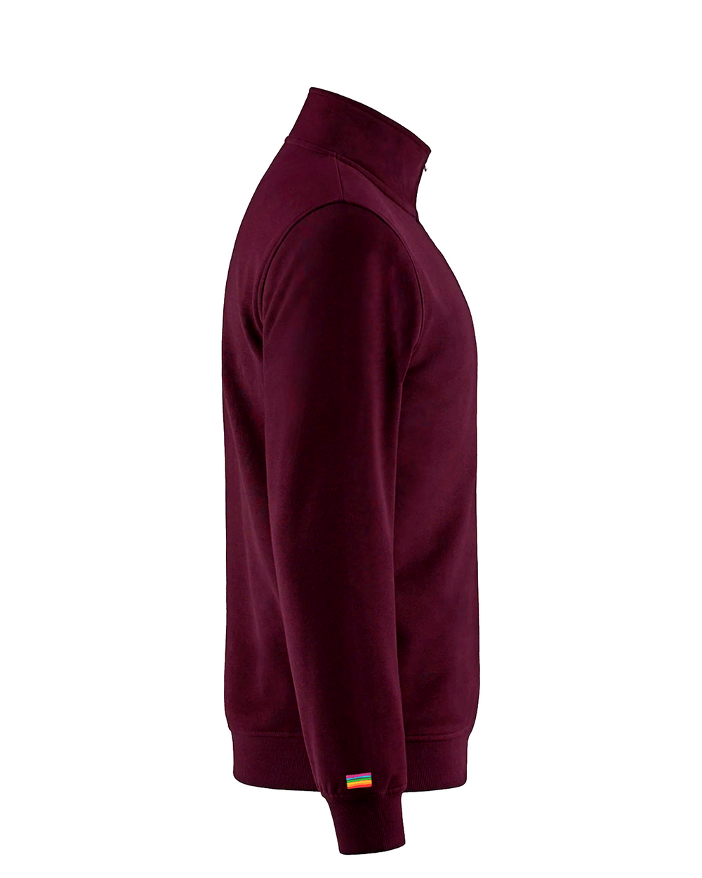 Vue de côté du chandail 1/4 zip bourgogne, drapeau arc-en-ciel au poignet