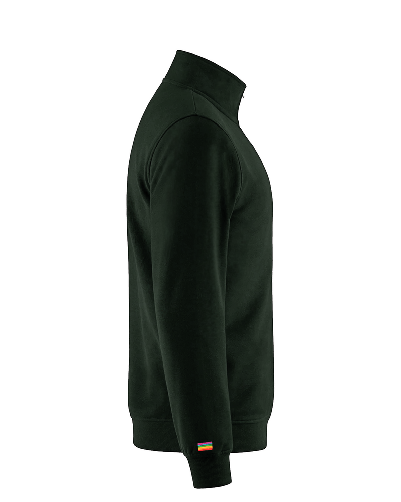 Side view of the forest green quarter-zip, rainbow flag at the cuff