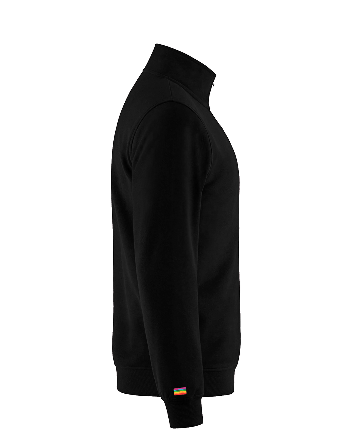 Side view of the black quarter-zip, rainbow flag at the cuff