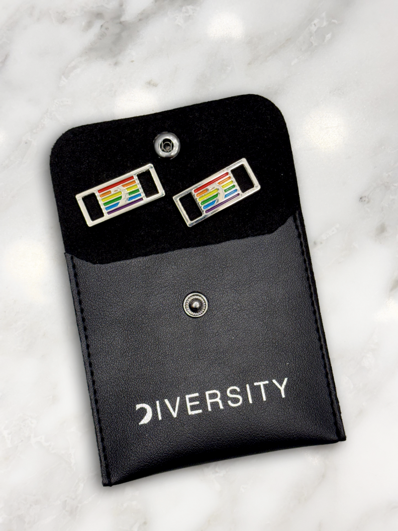 Pair of rainbow D'Lux pins in their black Diversity pouch